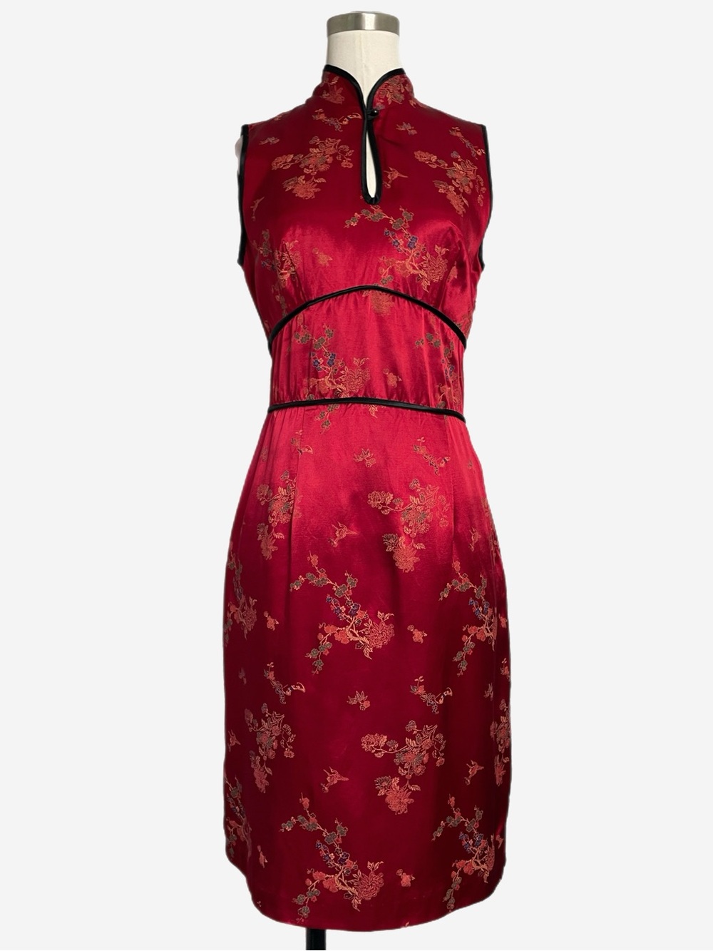 Vintage Y2K CDC red satin floral brocade cheongsam tie back dress eclectic S